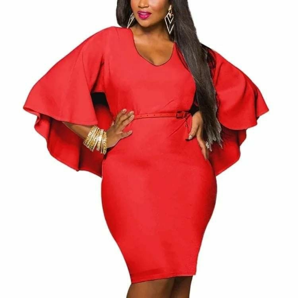 Sexy red bell sleeve plus size evening dress
